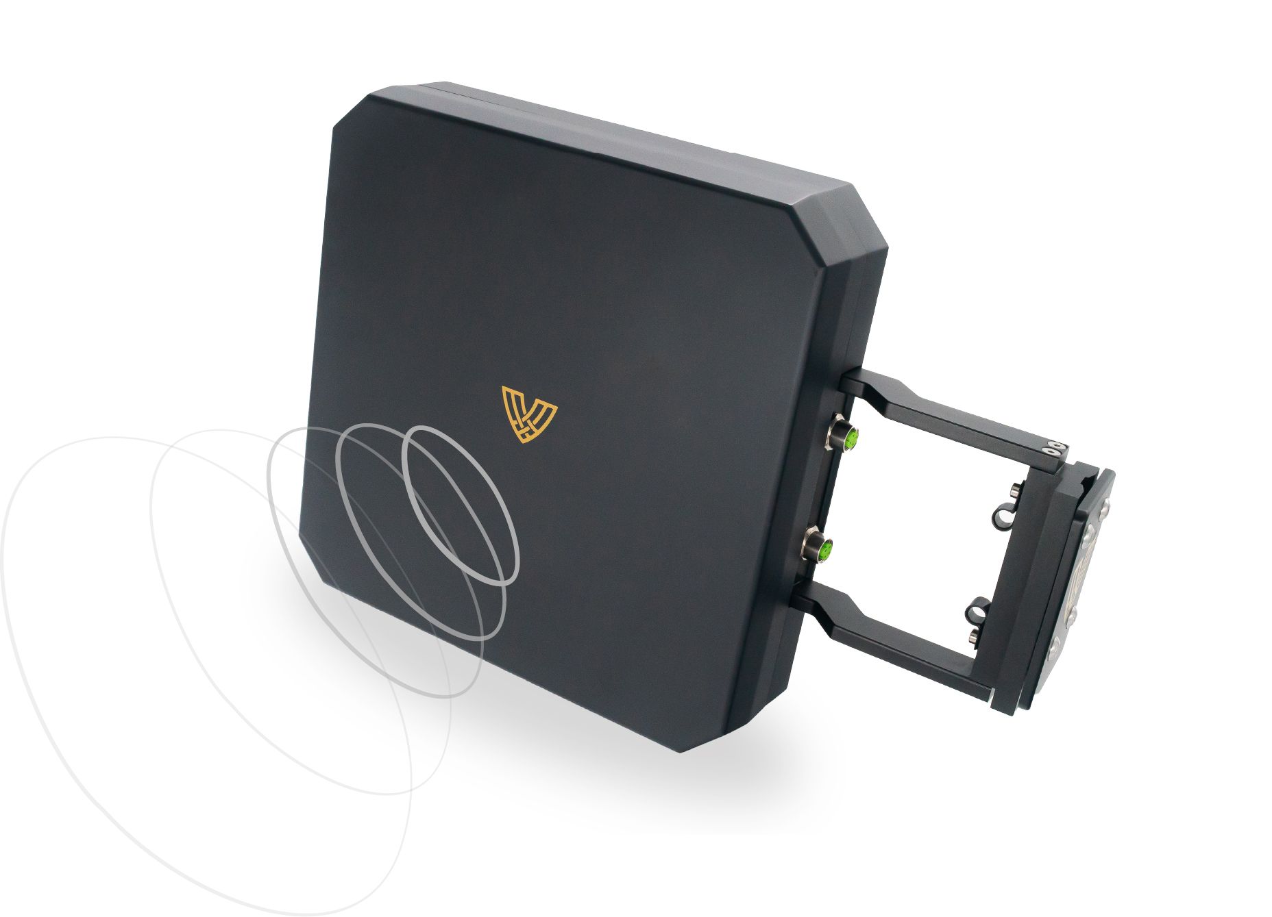 A black, square-shaped directional radar antenna with a mounting bracket and graphic wave lines extending from the front.