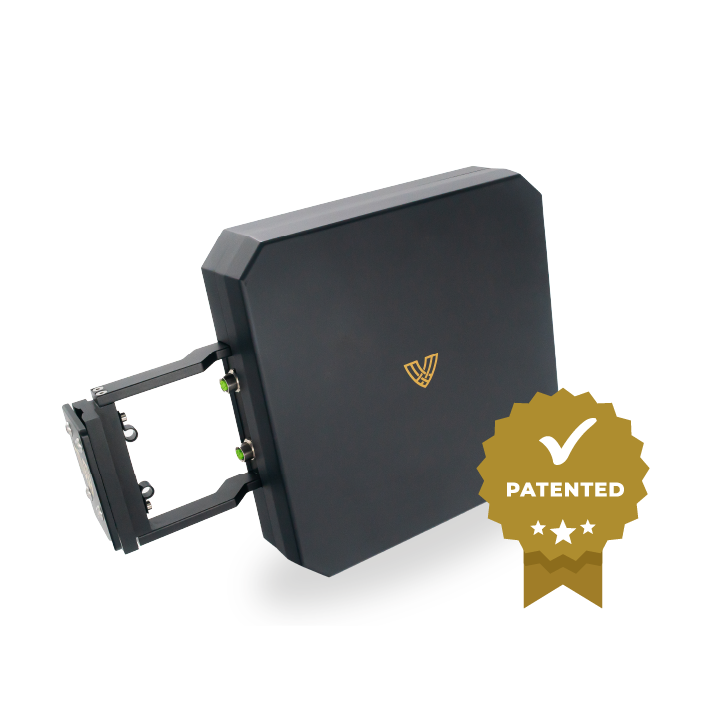 Black rectangular outdoor wall-mount fixture with a gold logo and a patented seal badge on a white background.