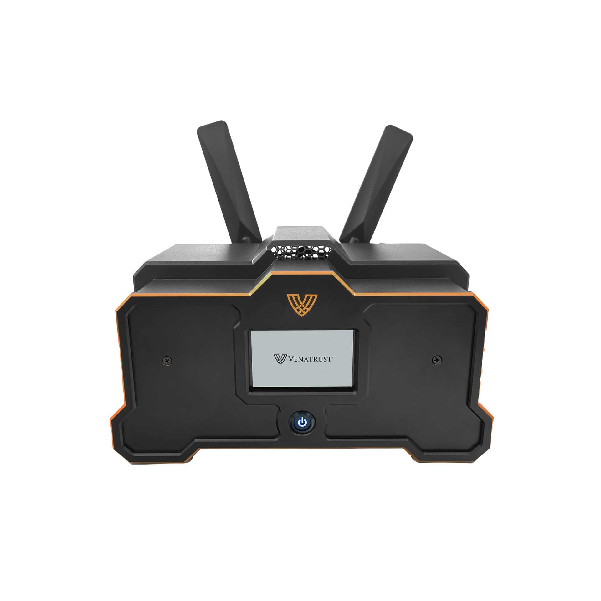 A black and orange wireless network router with two upright antennas and a small front-facing status screen.