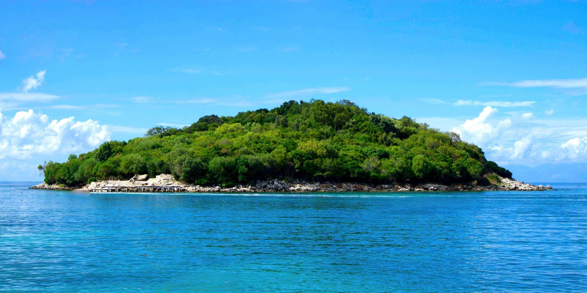 Una piccola isola in mezzo all'oceano con degli alberi.