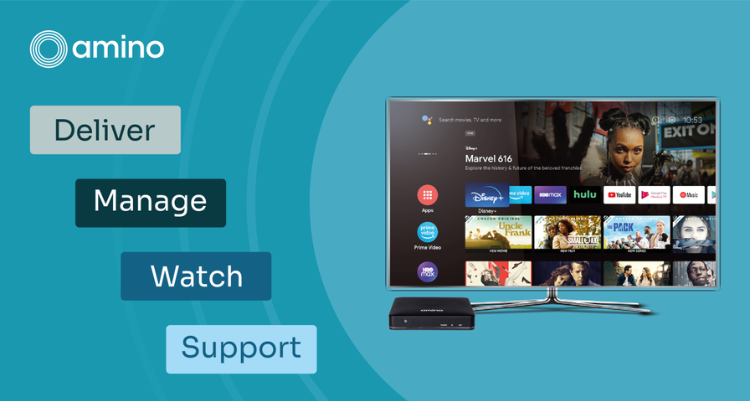 Amino promo graphic with Deliver, Manage, Watch, Support labels beside a TV streaming interface