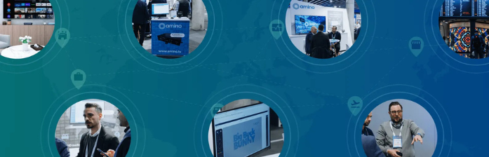 Blue banner with circular photos of a man, computers, and office scenes over a tech-themed background