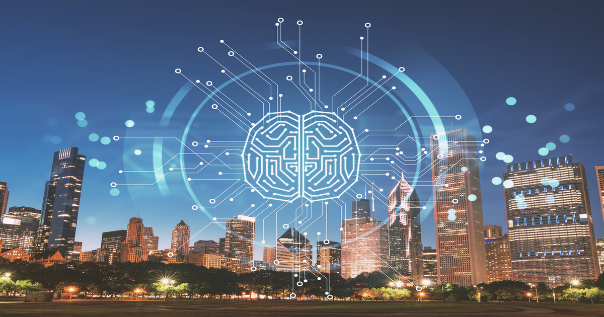 City skyline at dusk with glowing digital brain interface overlay and blue tech graphics