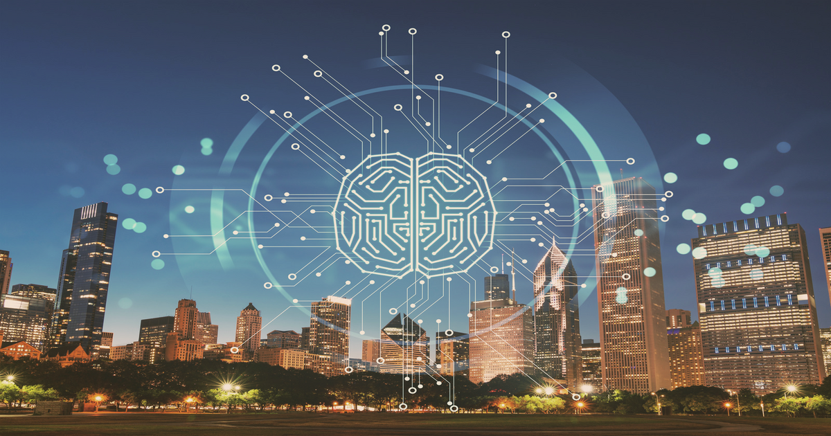 Futuristic AI brain graphic overlaying a nighttime city skyline with glowing blue digital circuit elements