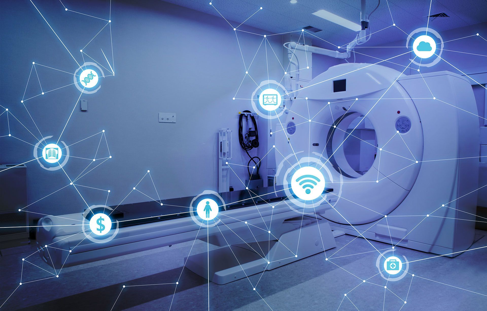 Modern hospital MRI scanner with blue digital network icons overlayed