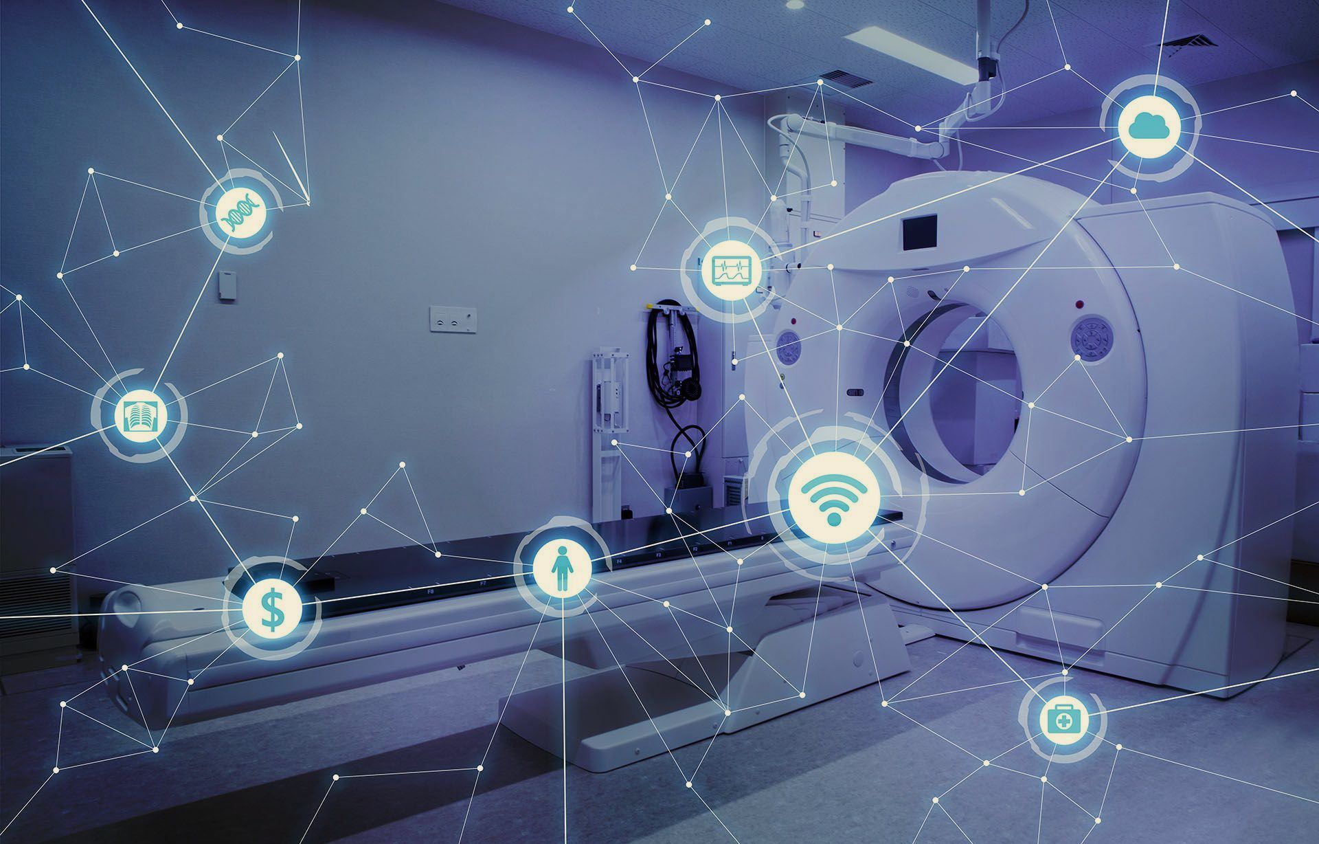 Futuristic MRI scanner with glowing digital network icons overlaid in a medical lab