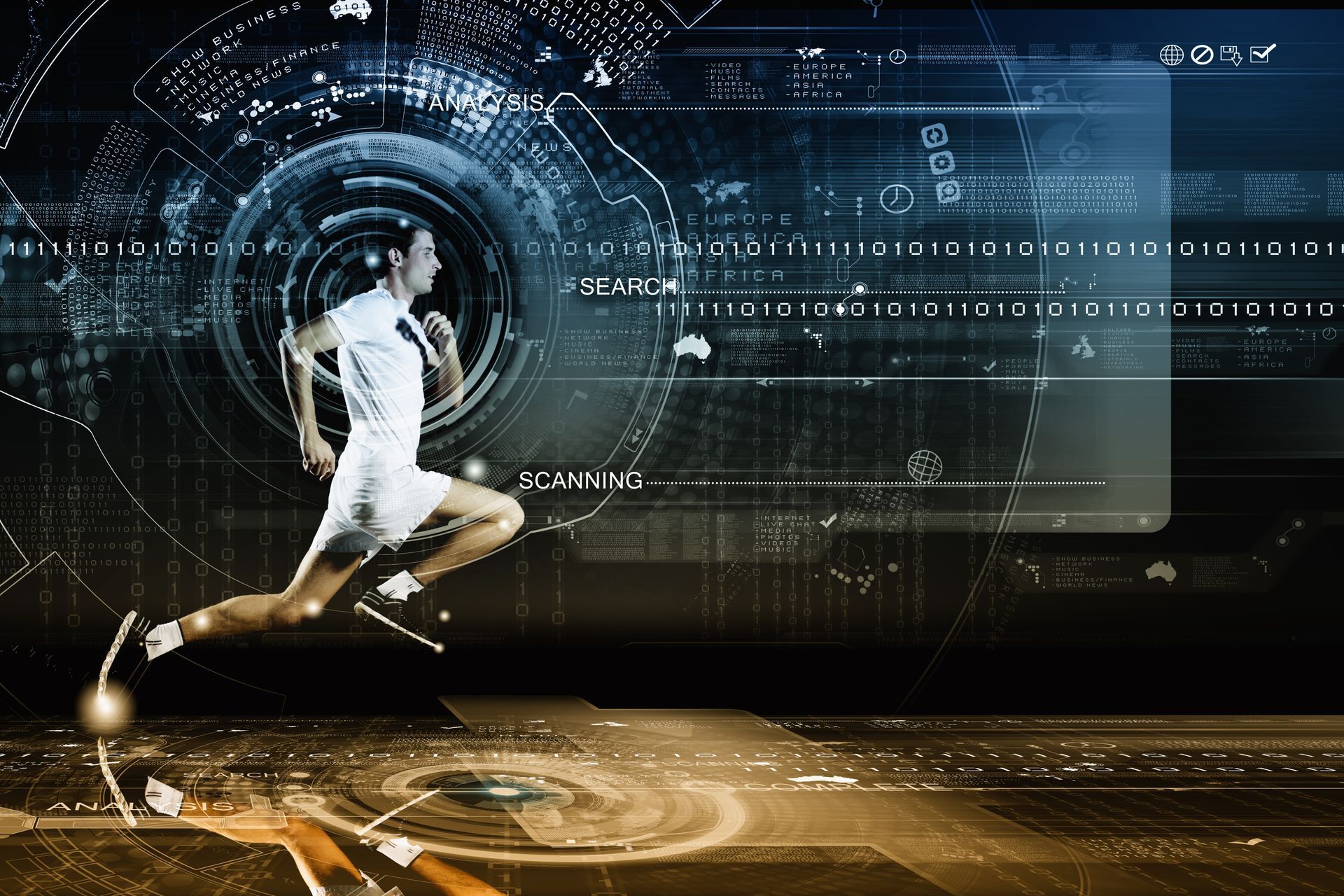 Runner in white sprinting through a futuristic digital interface with glowing blue and gold graphics