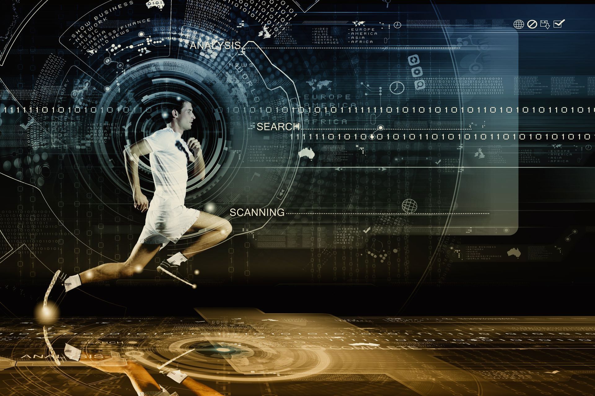 Athlete sprinting through a futuristic digital interface with glowing circuit-like graphics