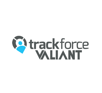 Trackforce Valiant logo in gray, black, blue, and teal on a white background