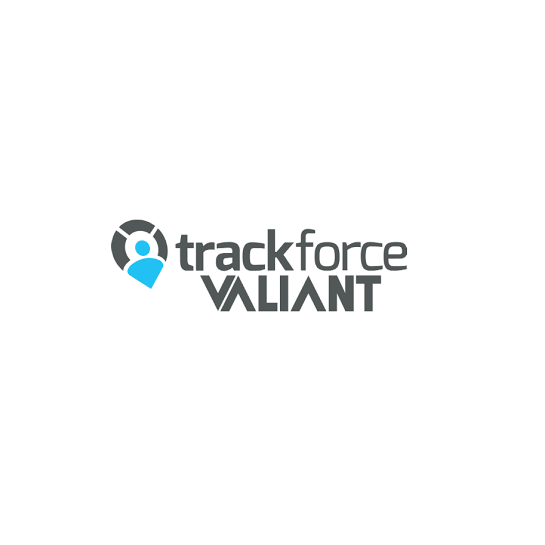 Trackforce Valiant logo in gray and blue on a white background