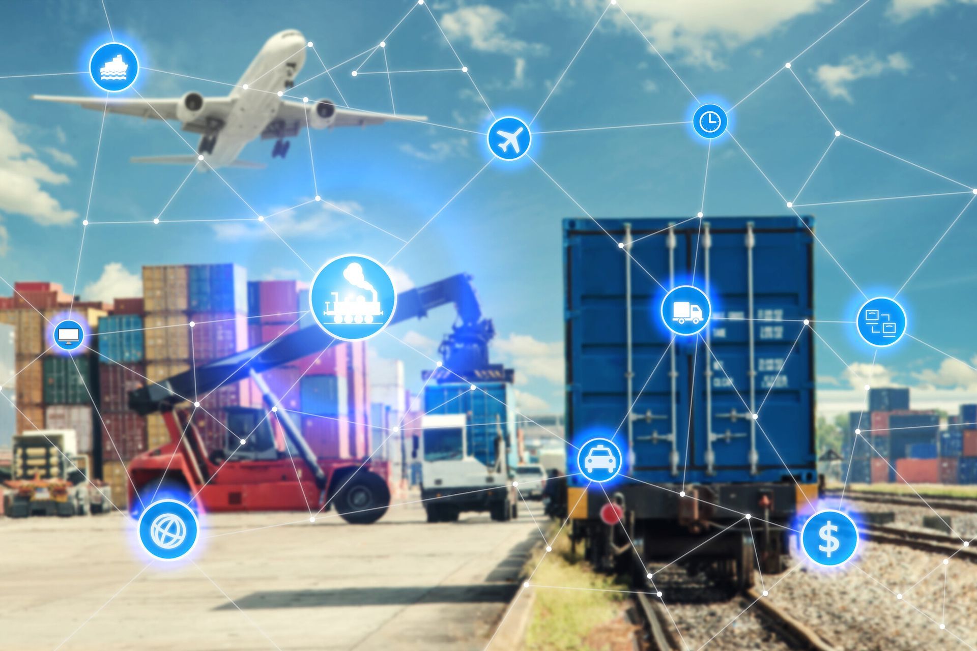 Cargo trucks, train, and airplane in a logistics yard with blue digital network icons overlayed