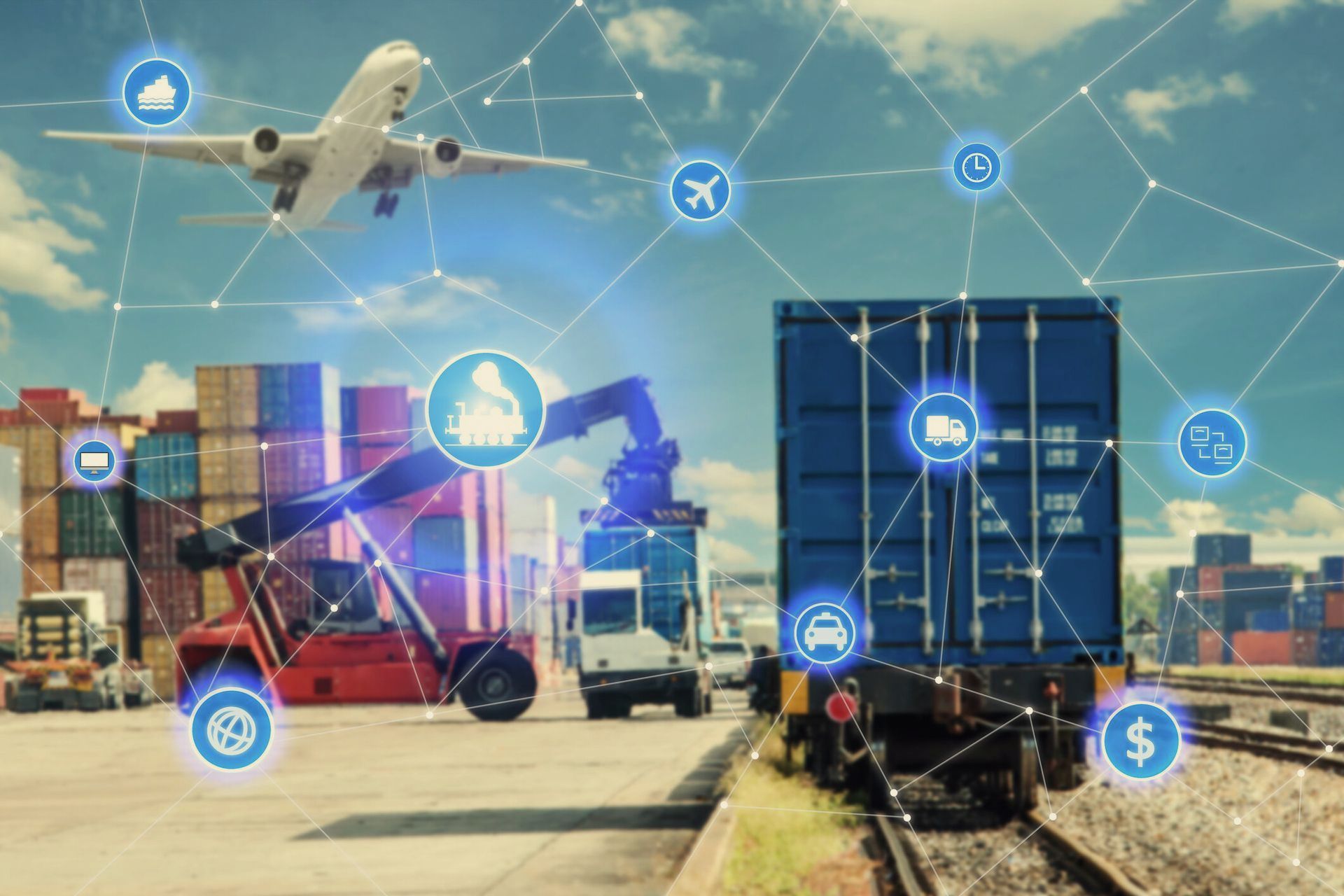 Cargo containers and freight plane with digital logistics icons at a port