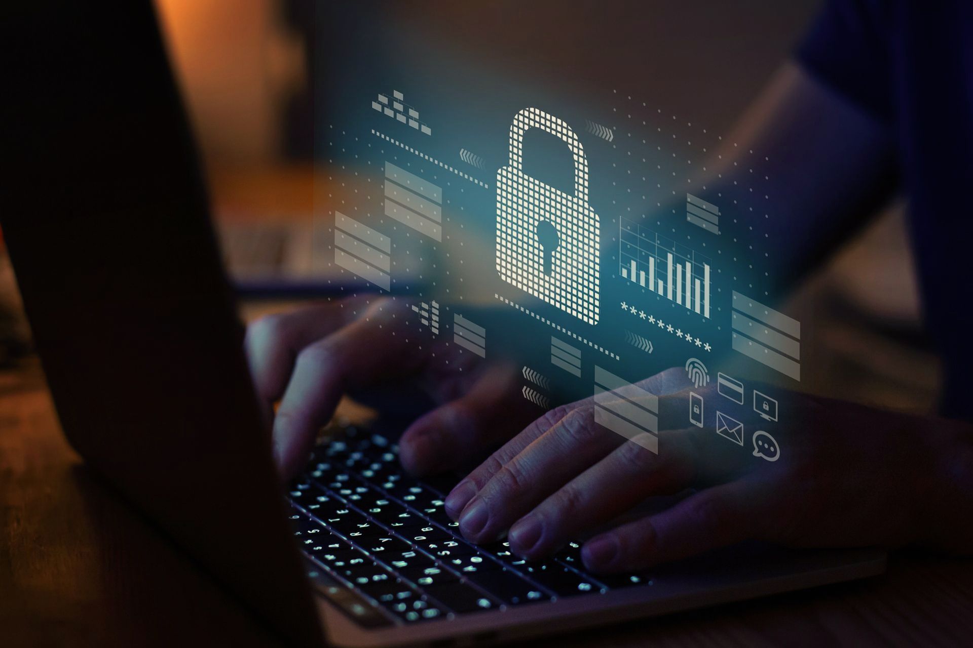 Hands typing on a laptop with a glowing digital padlock and data icons, symbolizing cybersecurity