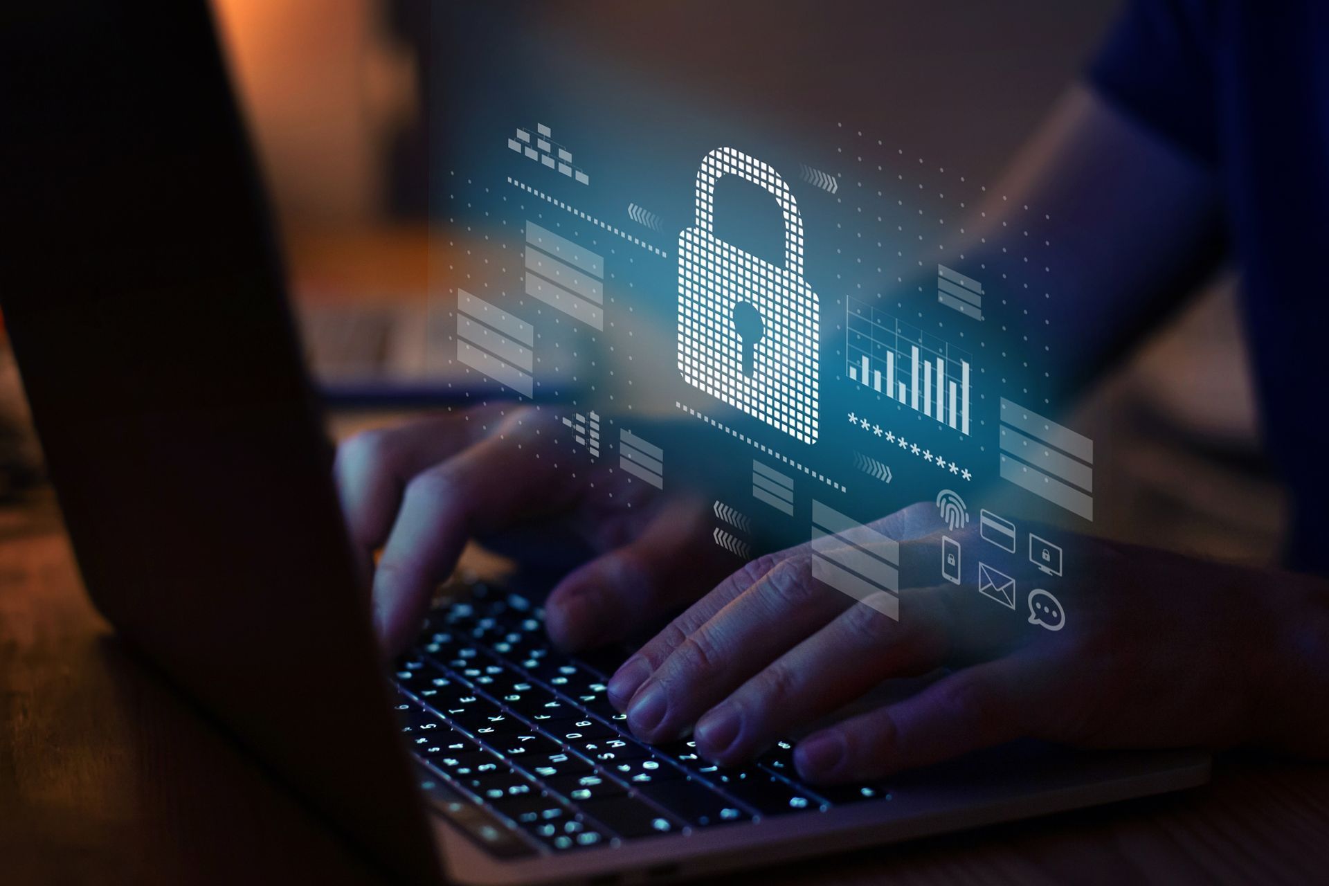Hands typing on a laptop with a glowing digital padlock and cybersecurity interface overlay