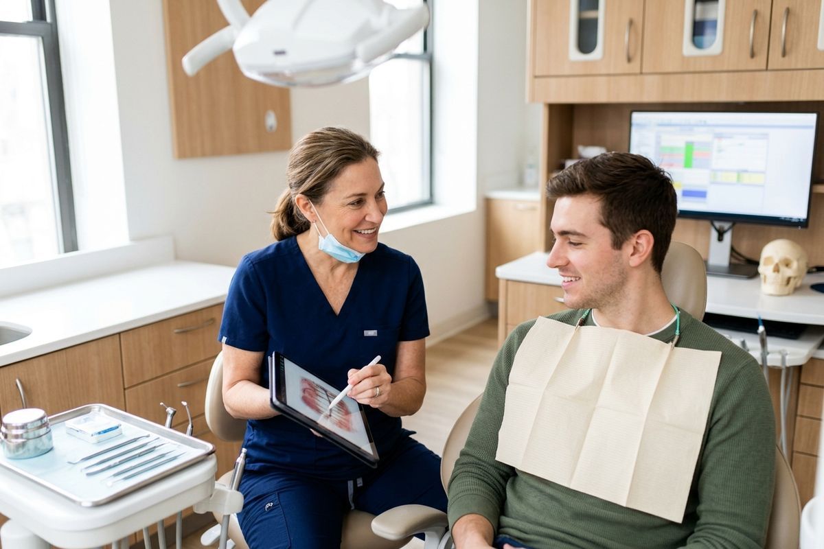 A smiling dentist shows an image of teeth on a tablet to an adult patient sitting in a dental chair.
