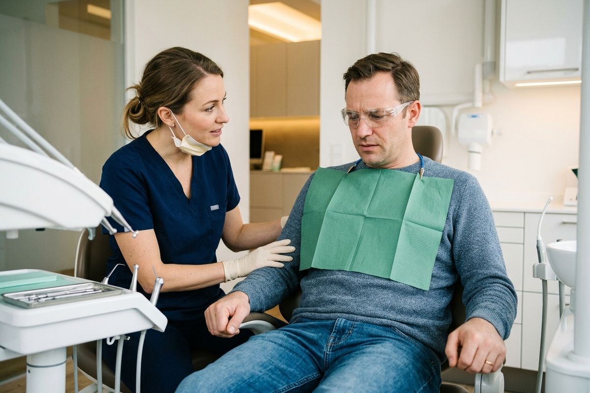 A dentist touches the arm of a tense adult seated in a dental chair. The patient is wearing a green bib and safety glasses.