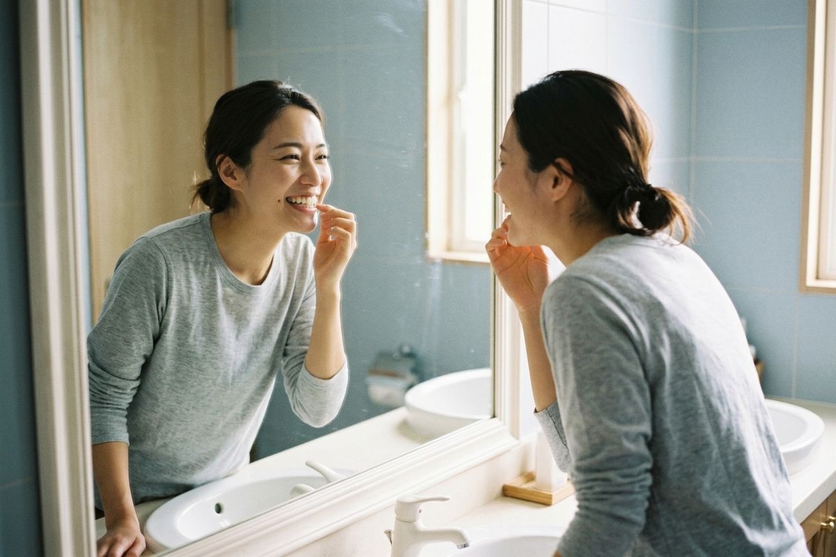 A smiling adult looking in a bathroom mirror while touching their teeth.patient is wearing a green bib and safety glasses.