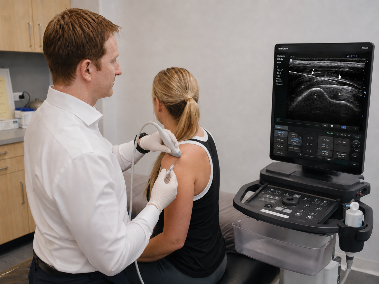 Dr David Samra performing an ultrasound-guided injection, watching the needle and target on the screen in real time