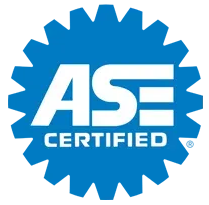 ASE Certified blue badge logo with white text and gear-shaped border