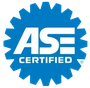 ASE Certified blue badge logo with white text and gear-shaped border