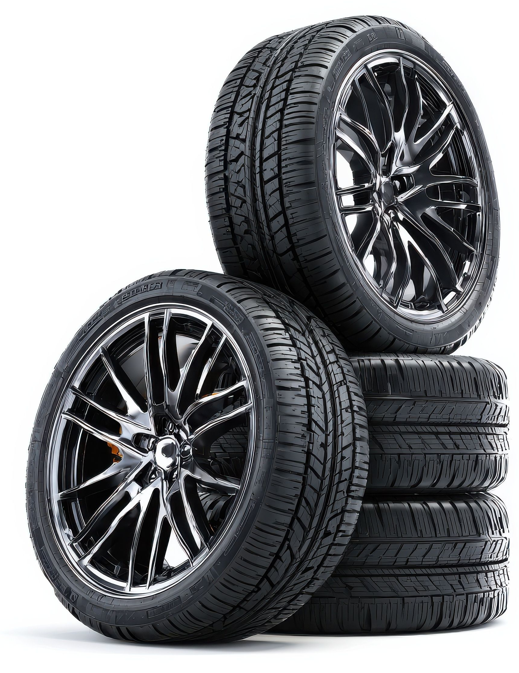 Stacked black car tires and rims on a white background