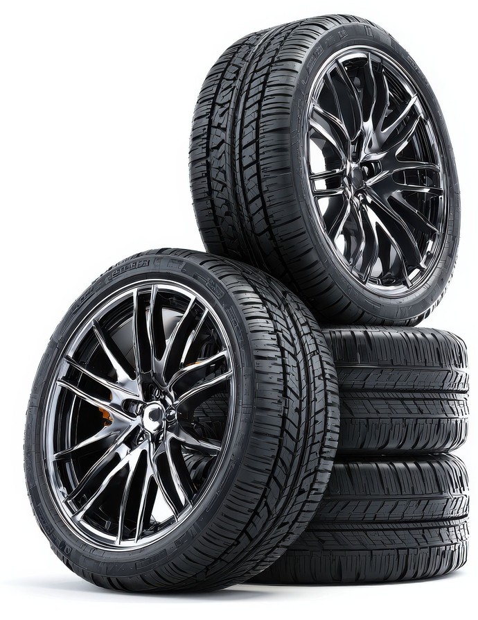 Stacked black car tires and rims on a white background