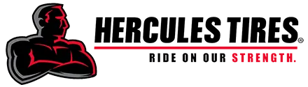 Logo for Hercules Tires, featuring a muscular figure in red with a black outline, and the company name.