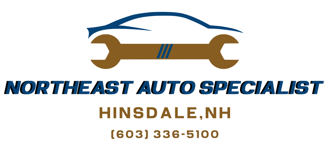 Northeast Auto Specialist logo with blue car and brown wrench, Hinsdale, NH, phone number 603-336-5100