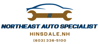 Northeast Auto Specialist logo with blue car and brown wrench, Hinsdale, NH, phone number 603-336-5100