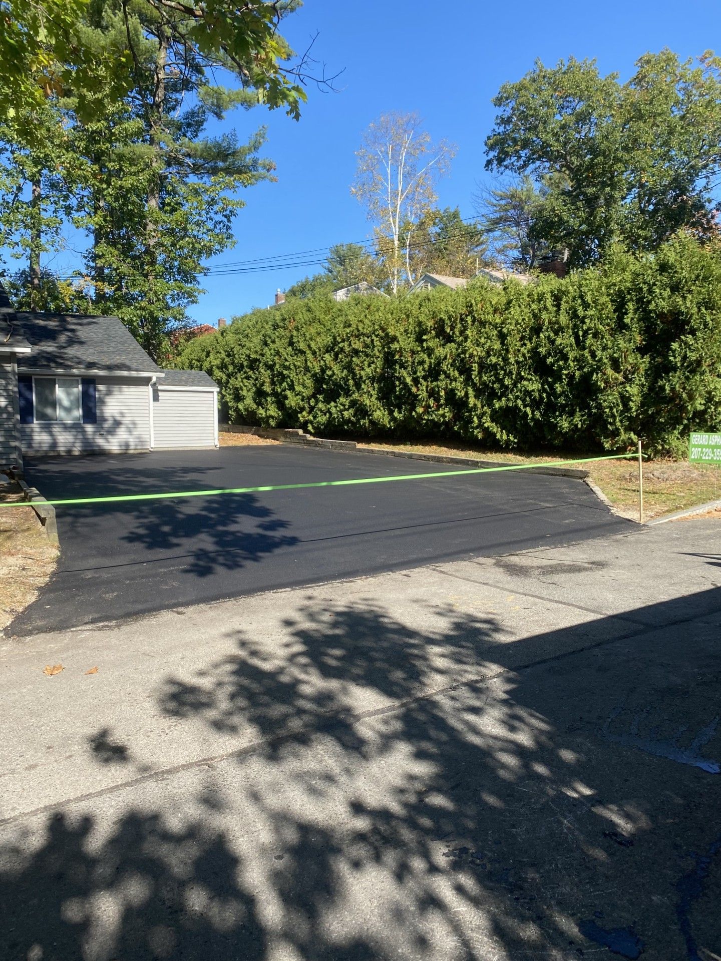 Tree-lined driveway beside a white garage under a clear blue sky