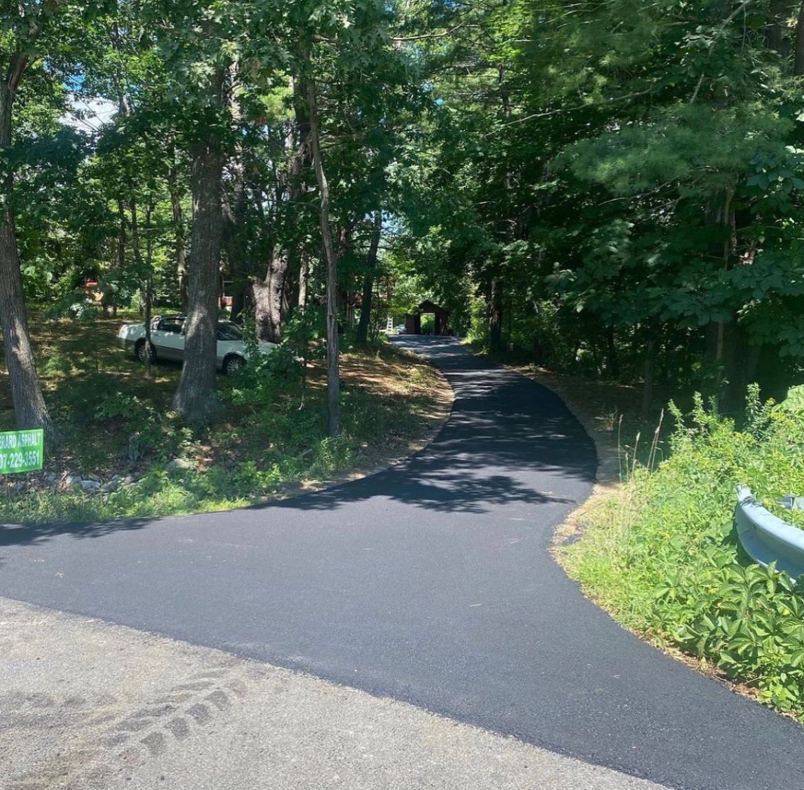 Wooded paved path curving through a sunny green park