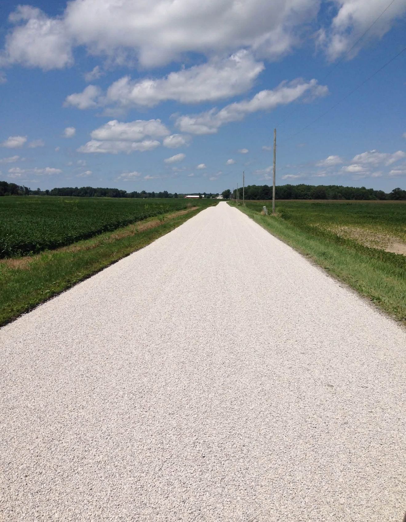 White gravel road stretching through farmland under a blue sky with clouds