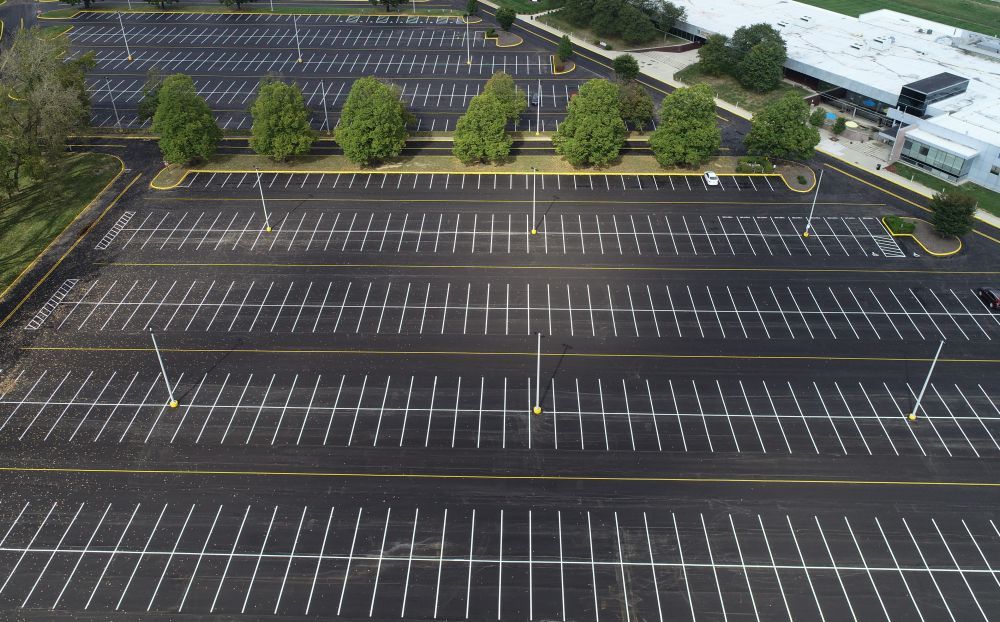 Empty parking lot with painted spaces, rows of trees, and a few buildings in the background