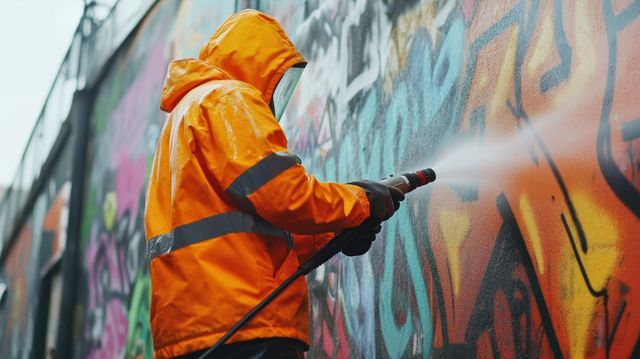 Person in orange raincoat power washing graffiti on a wall.