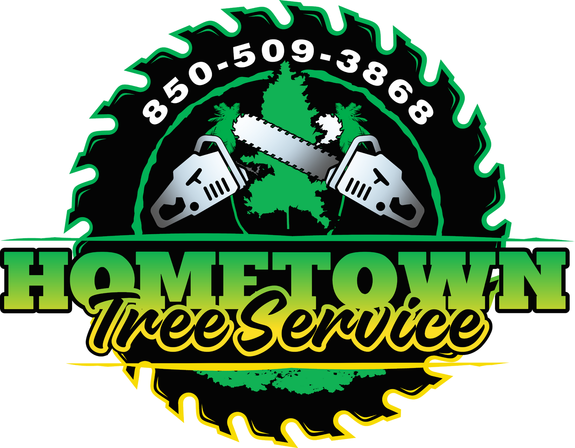 A logo for Hometown Tree Service featuring a circular saw blade, a chainsaw, and the business name and phone number.