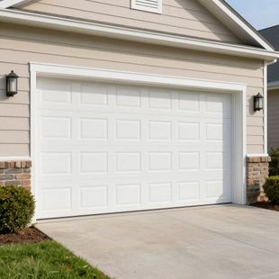 A white, multi-panel garage door on a beige house with exterior wall lamps and stone accents by the driveway.