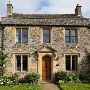 A two-story stone house with a symmetrical facade, a central wood door with a decorative porch, and two chimneys.