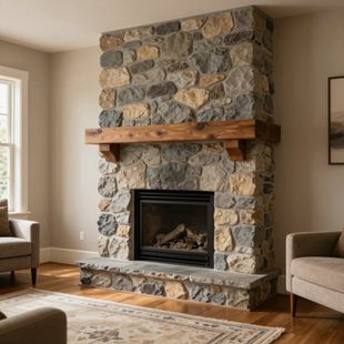 A stone fireplace with a thick wooden mantel, flanked by two chairs in a brightly lit room with hardwood floors.