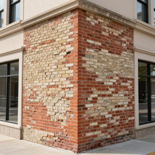 A building corner featuring an exterior wall with a mix of weathered red and cream-colored bricks.