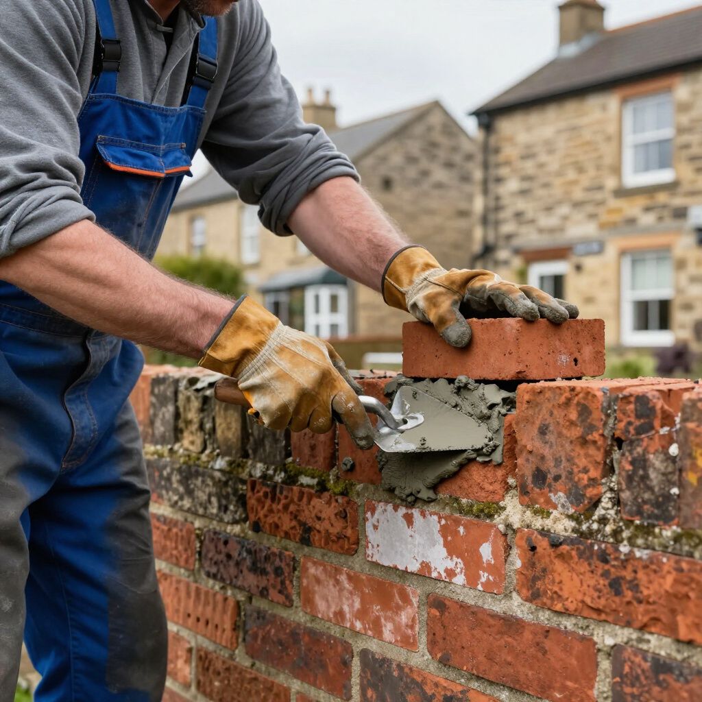 A construction worker in blue overalls and gloves uses a trowel to apply mortar between red bricks on a garden wall.