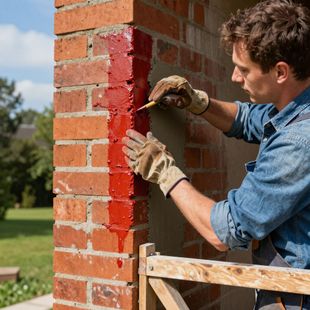 A person wearing gloves carefully applies bright red mortar between bricks on a wall exterior.