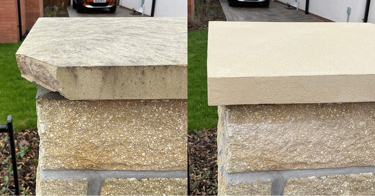 Before and after comparison of a light-colored stone wall cap, showing significant cleaning of organic growth and stains.