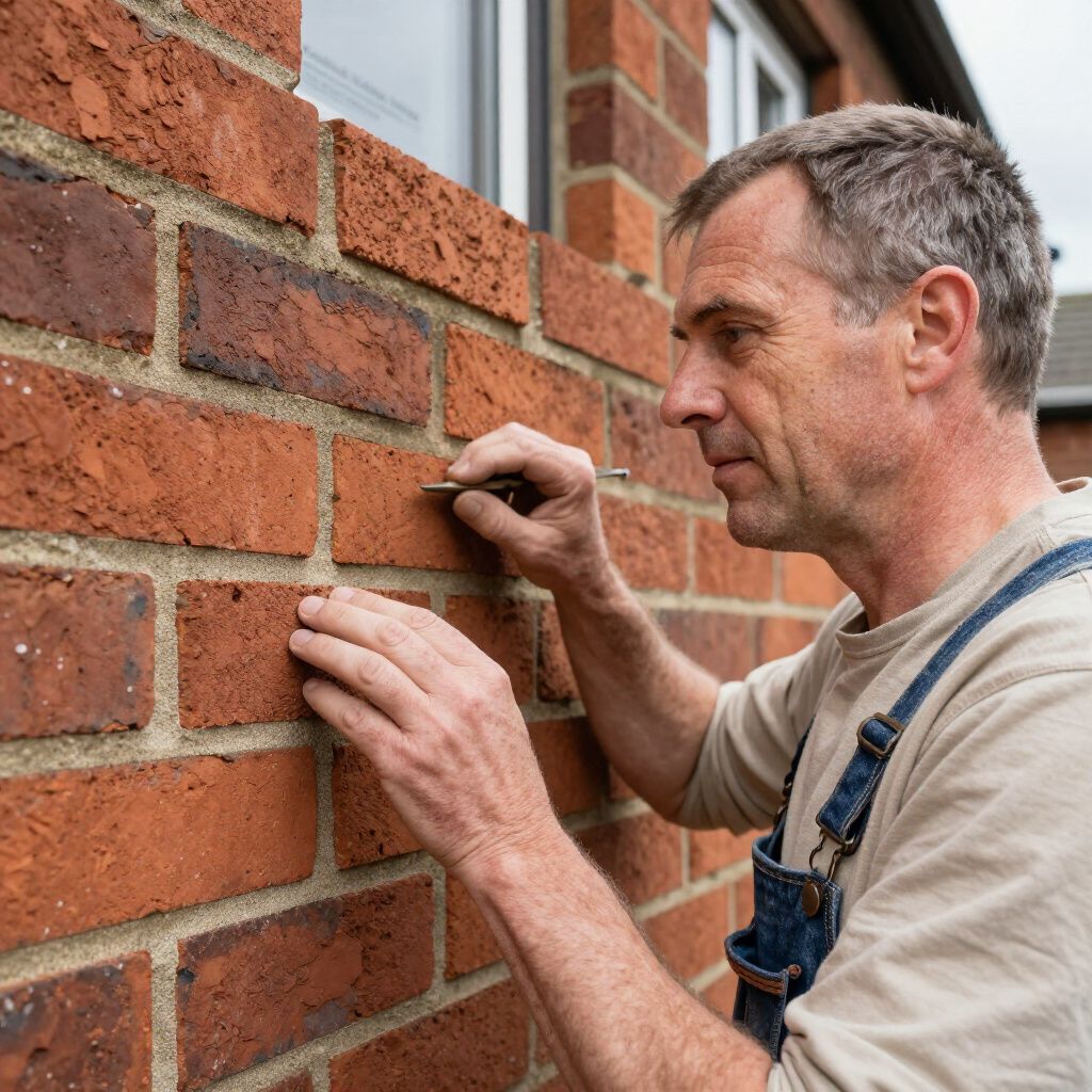 A person wearing denim overalls uses a small tool to point at or mark a brick wall while inspecting the masonry.