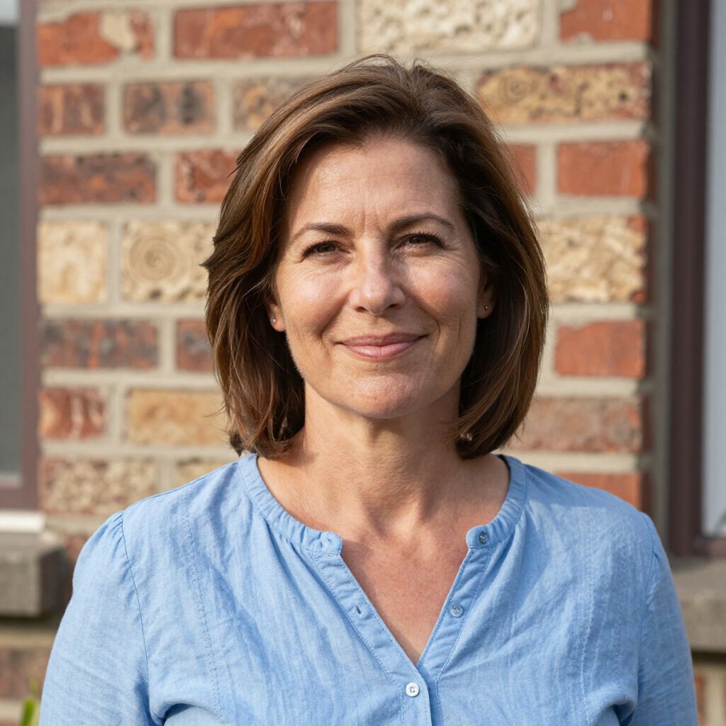 A person with shoulder-length brown hair smiles softly, wearing a light blue shirt against a brick wall background.