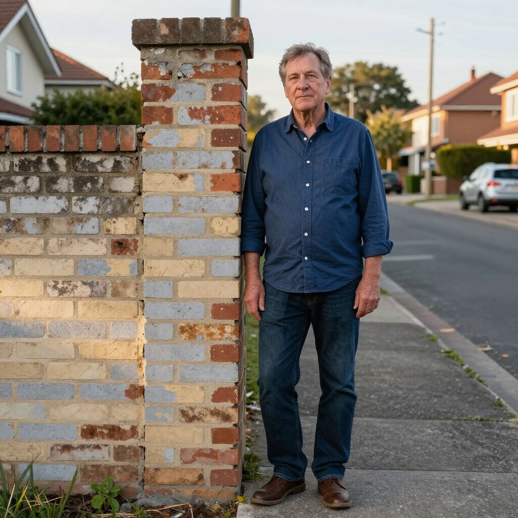 A person stands on a sidewalk next to a brick pillar and wall in a residential neighborhood, facing forward.
