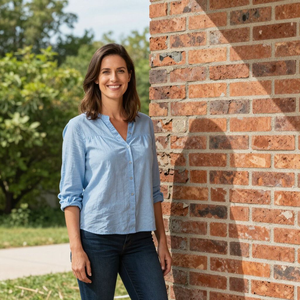 A person with shoulder-length brown hair smiles, wearing a blue button-down shirt and jeans, standing near a brick wall.