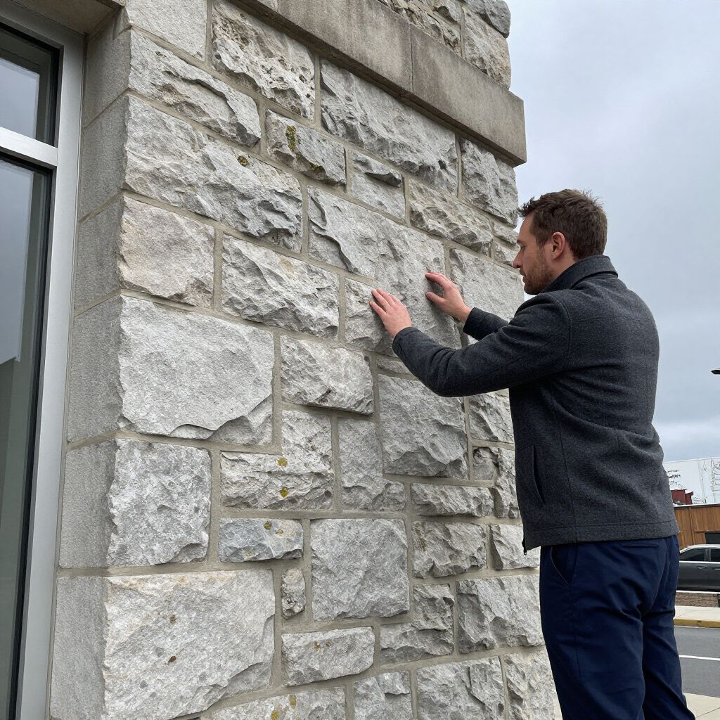 A person in a gray coat touches the rough stone surface of an exterior building wall.