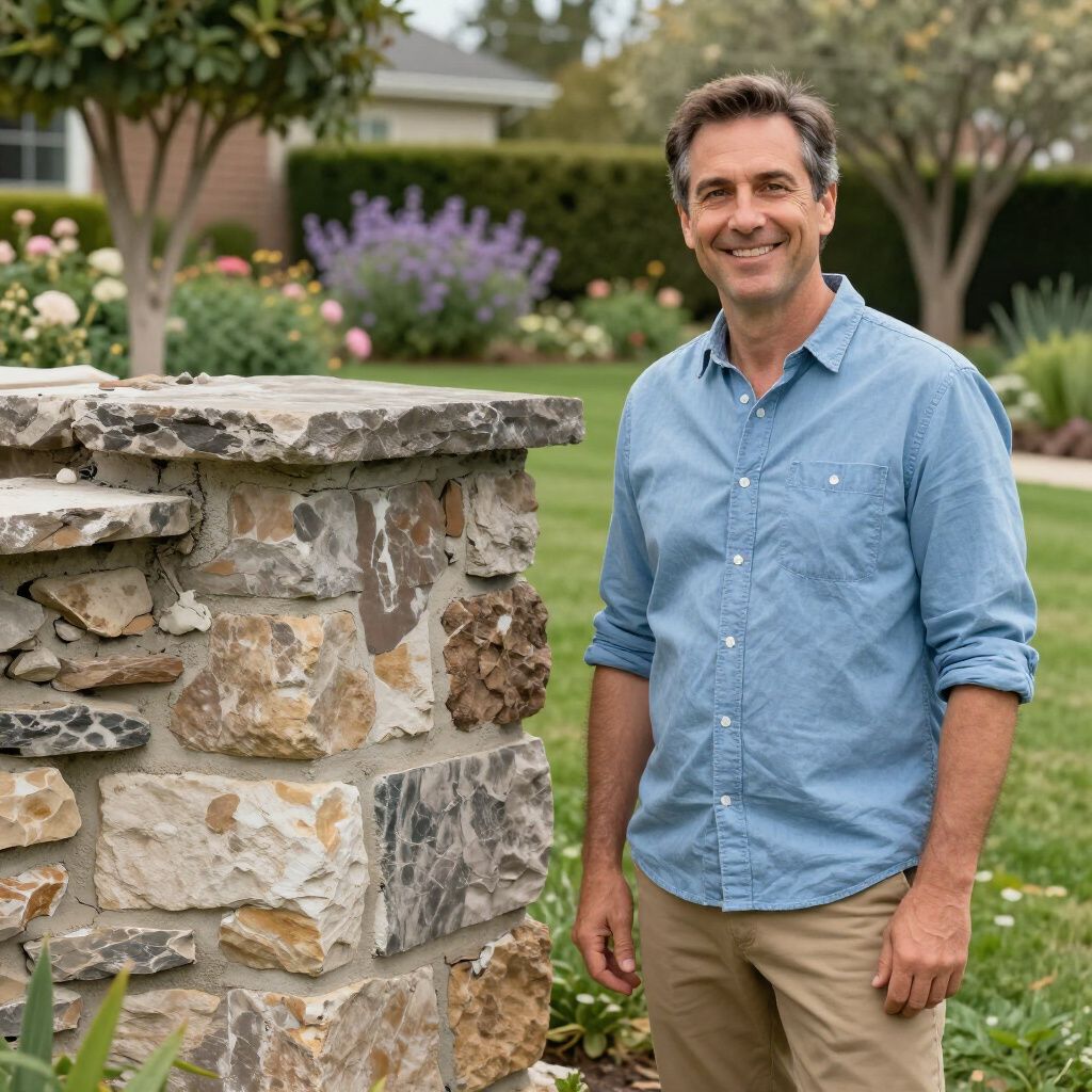 A smiling person in a blue shirt standing outdoors next to a stone pillar in a garden.