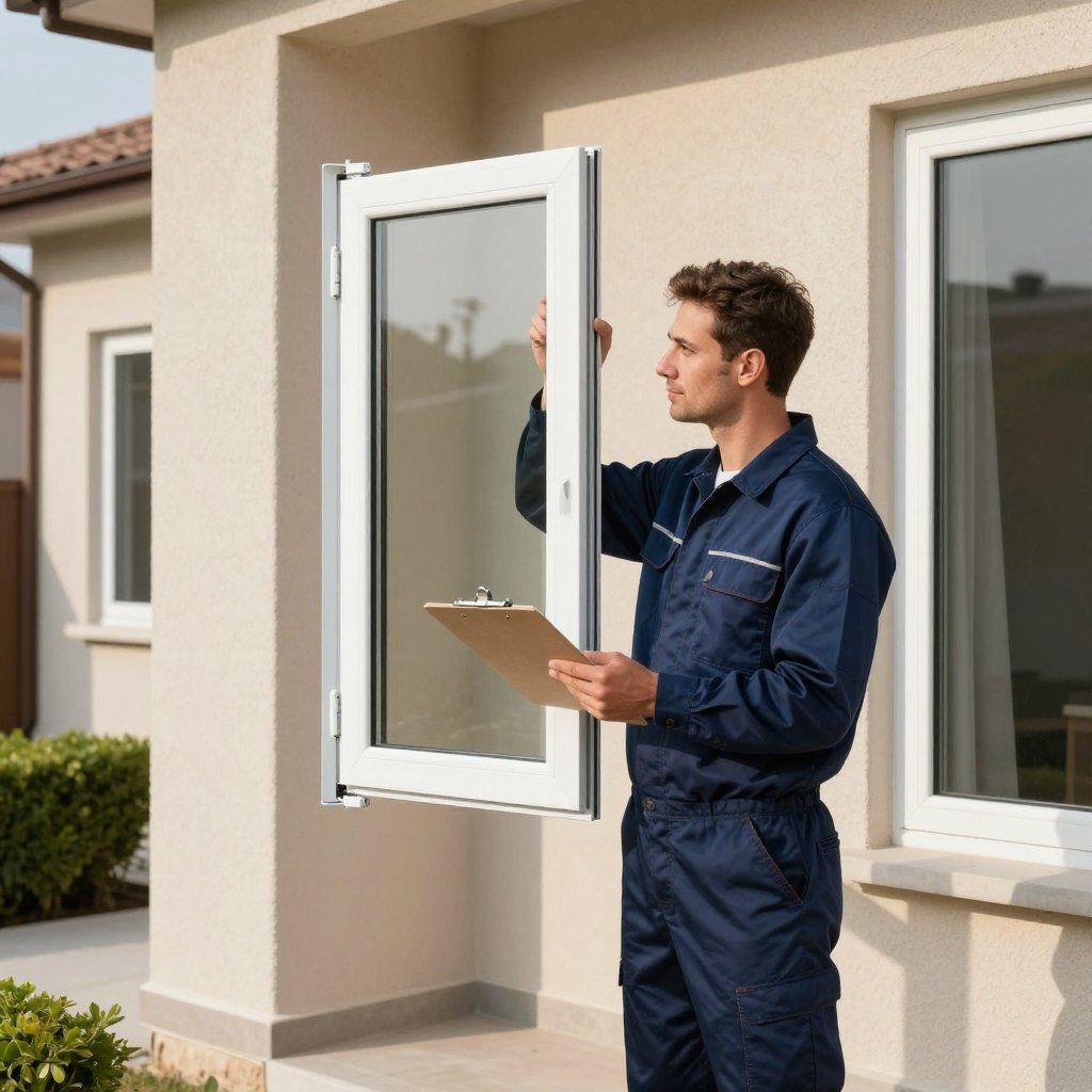 A technician in blue coveralls examines a white window frame while holding a clipboard outside a house.