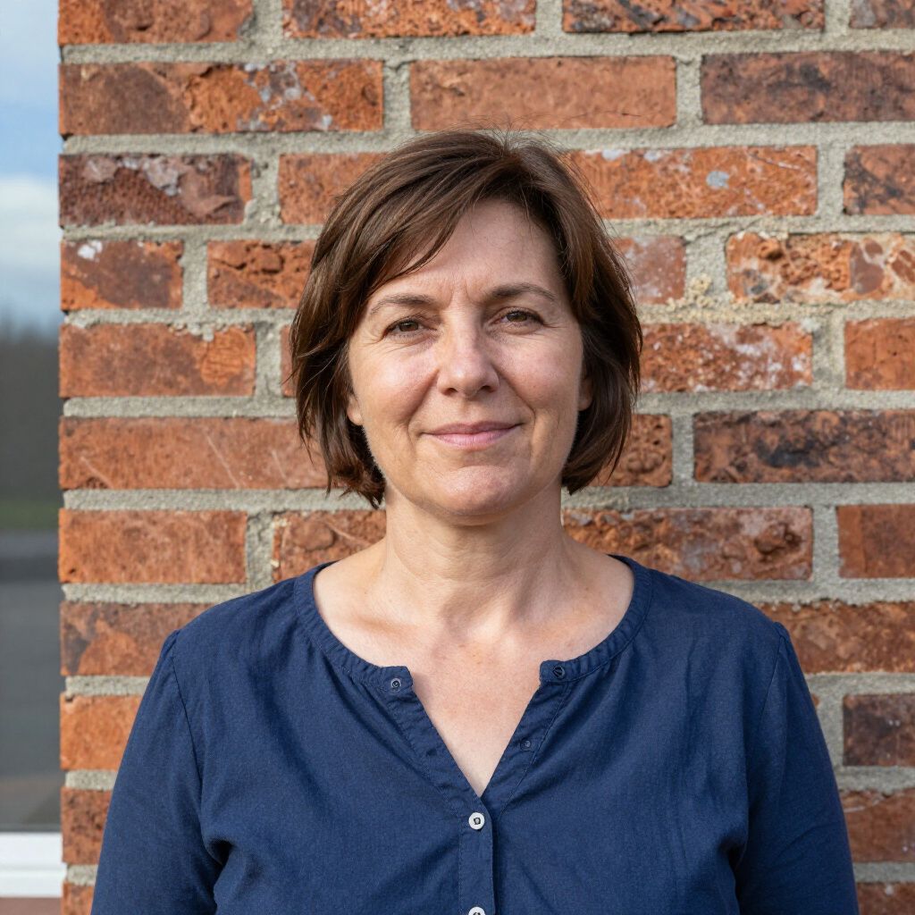 A person with shoulder-length brown hair wearing a dark blue button-up shirt, posing against a brick wall.